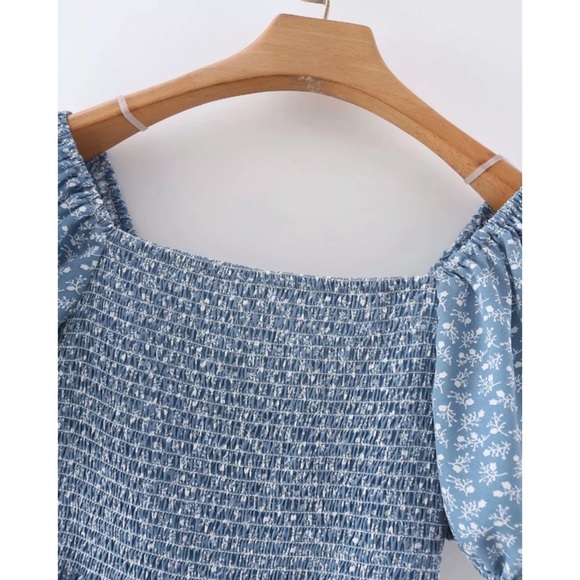 CLEARANCE Light Blue Floral Smocked Square Neck Mini Dress - Picture 9 of 10